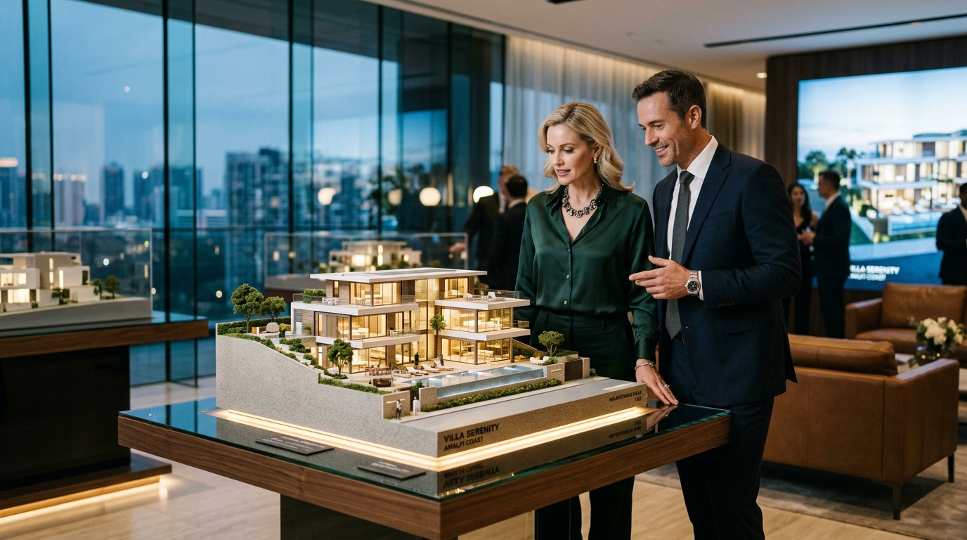 Casal admirando maquete física de alto padrão da HAU3D