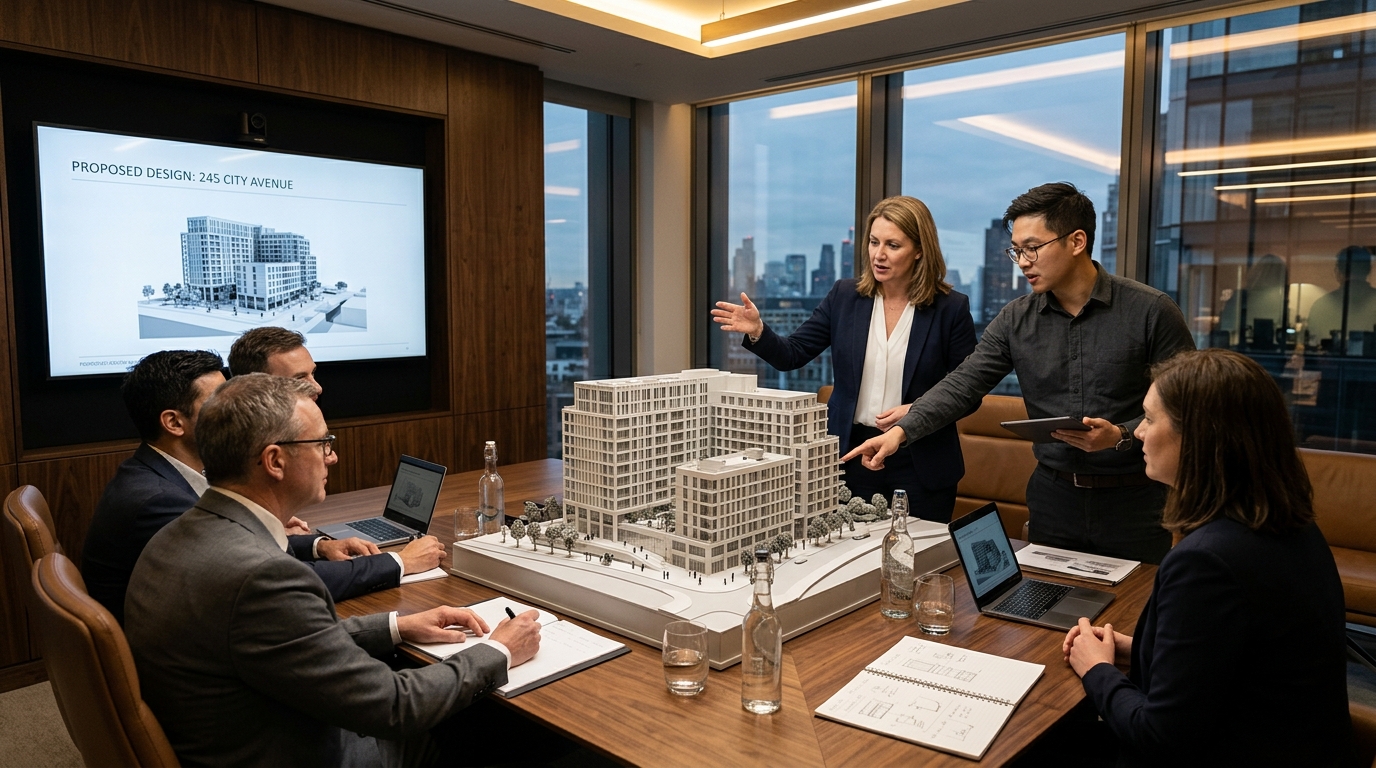 Reunião de arquitetos apresentando maquete HAU3D para clientes